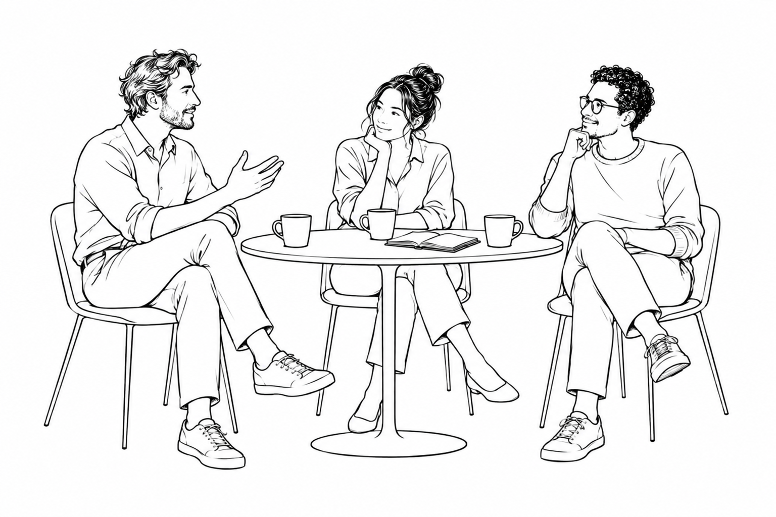 Three teammates talking around a table after a meeting